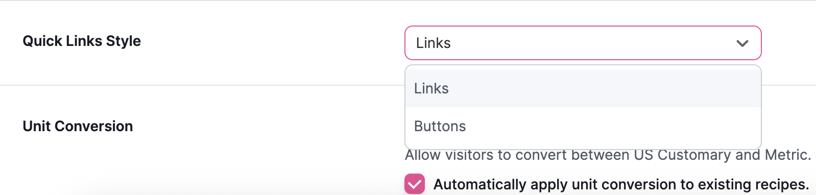 Tasty Recipes Settings - Quick Links Style
